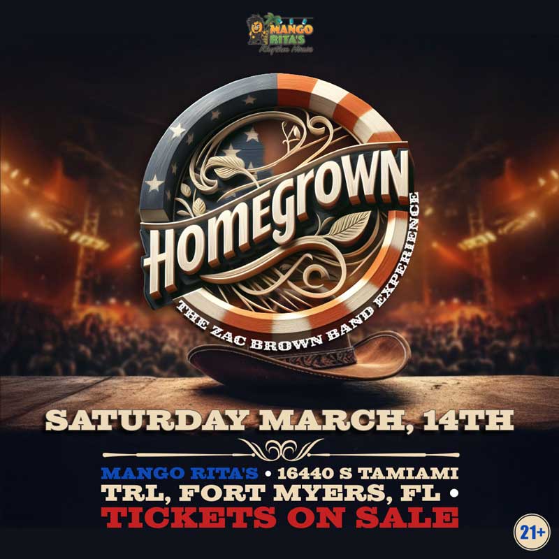 HOMEGROWN - National Touring ZAC BROWN BAND EXPERIENCE at Mango Rita's Rhythm House - March 14, 2026